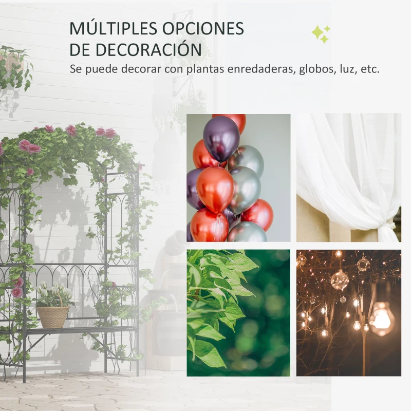 Outsunny Arco de Jardín con Banco Metálico Soporte para Plantas Trepadoras y Rosales para Terraza Patio 115x59x203 cm Negro