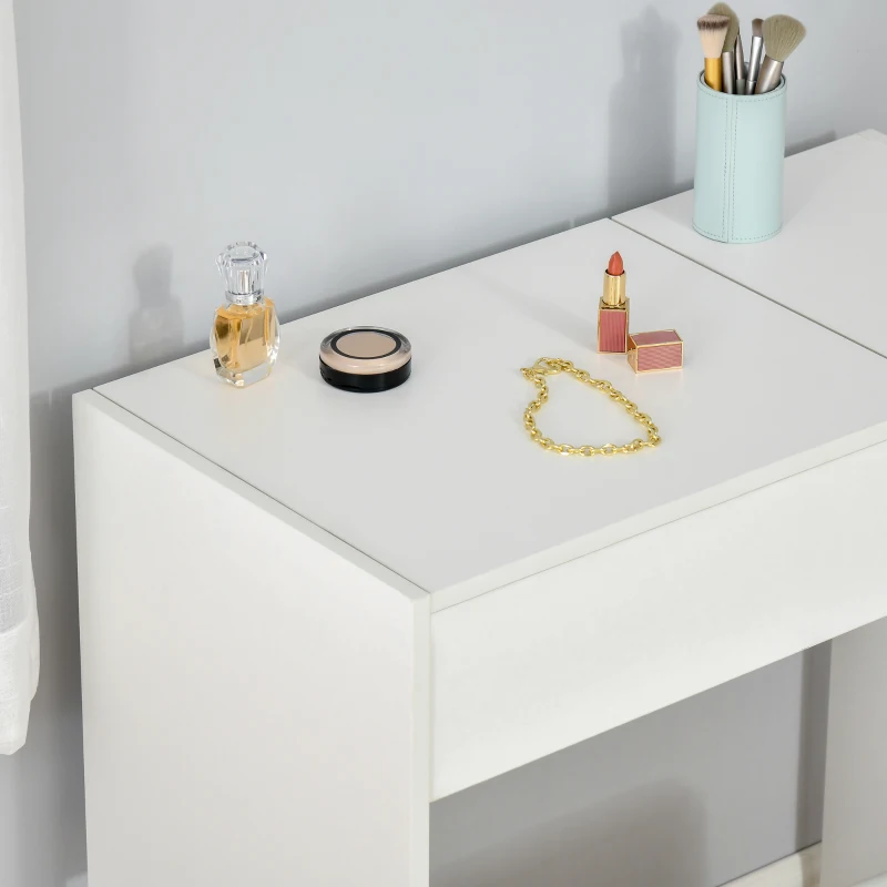 HOMCOM Coiffeuse Table de Maquillage Design Contemporain 80L x 40l x 79H cm Miroir escamotable, tiroir, Coffre + Tabouret Blanc