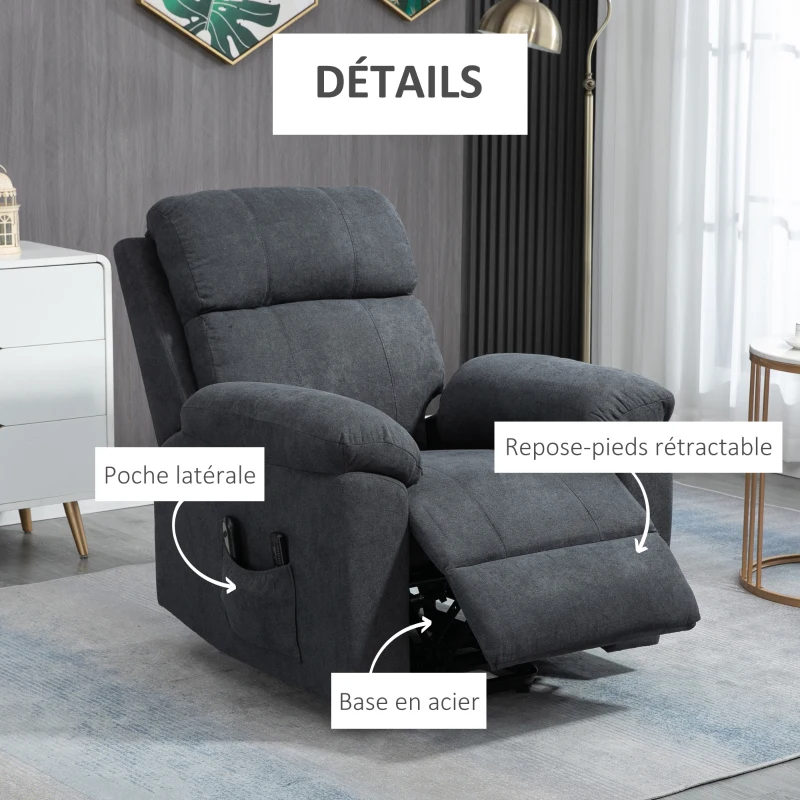 HOMCOM Fauteuil releveur électrique fauteuil massant inclinable avec repose-pied télécommande revêtement synthétique tissu gris