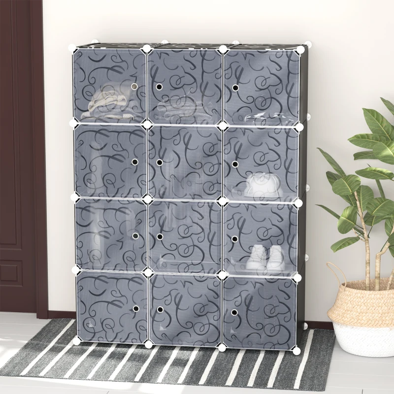 HOMCOM Armario Modular Plástico Estantería 12 Cubos con Puertas para Almacenamiento de Ropa Armario Ropero Organizador para Almacenamiento Juguetes y Libros Montaje en Bricolaje