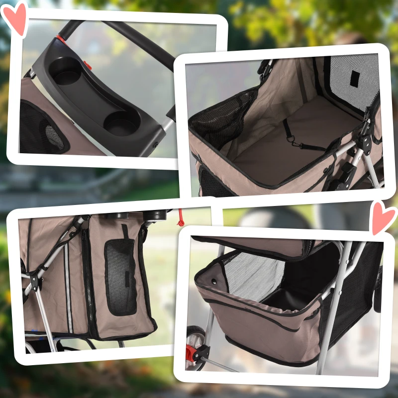 PawHut Poussette buggy pliable animaux, chariot pliant chien chat, porte-gobelet panier de rangement inclus, roues avec frein, tissu 600D Oxford acier, 75 x 45 x 97 cm marron(m-8)