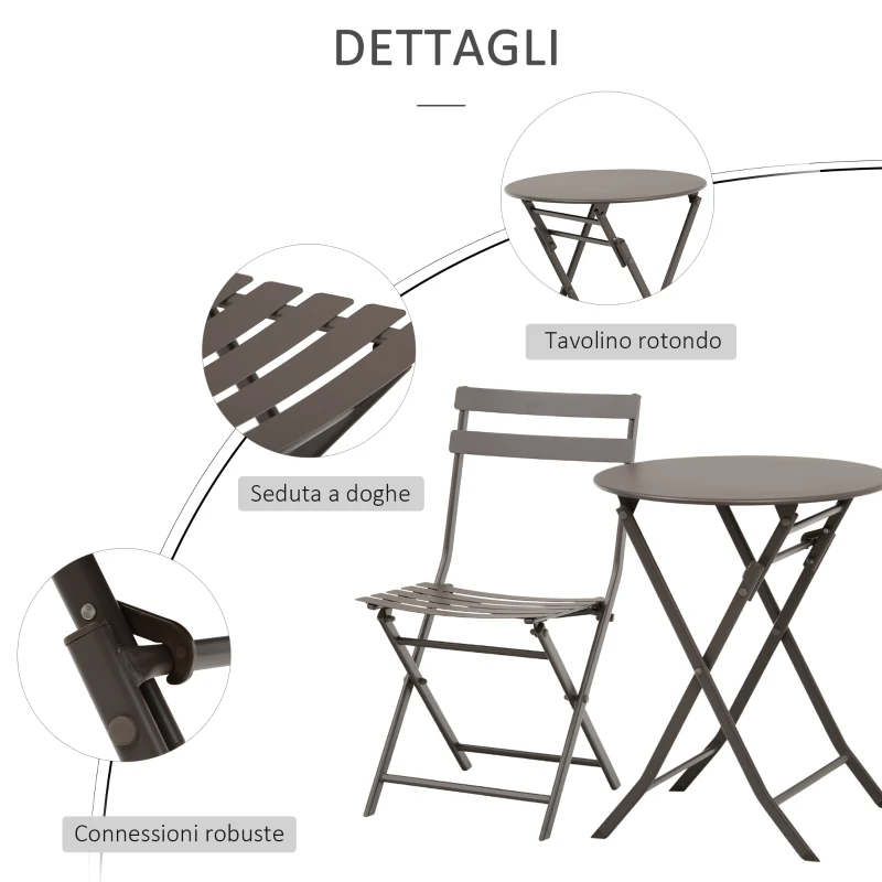 Outsunny Tavolino con Sedie da Giardino Pieghevoli in Acciaio Marrone, Set 3 Pz per Balcone, Terrazzo, Esterno