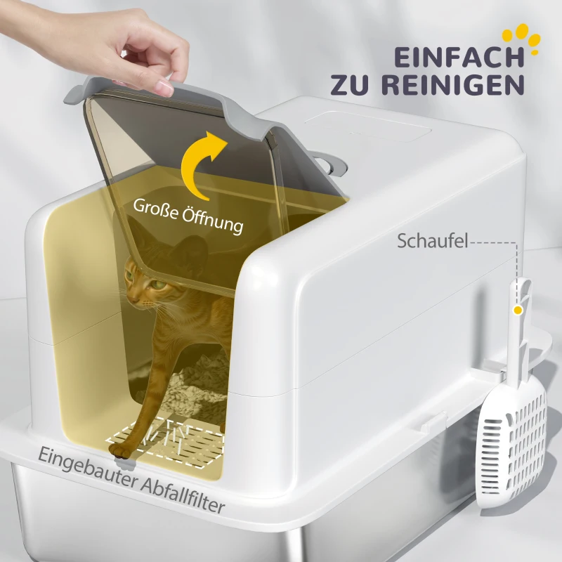 PawHut Katzentoilette, Wanne aus Edelstahl, Filter, Schaufel, für Katzen bis 6 kg, 40,5 x 60,5 x 41,5 cm, Weiß/Silber(m-5)
