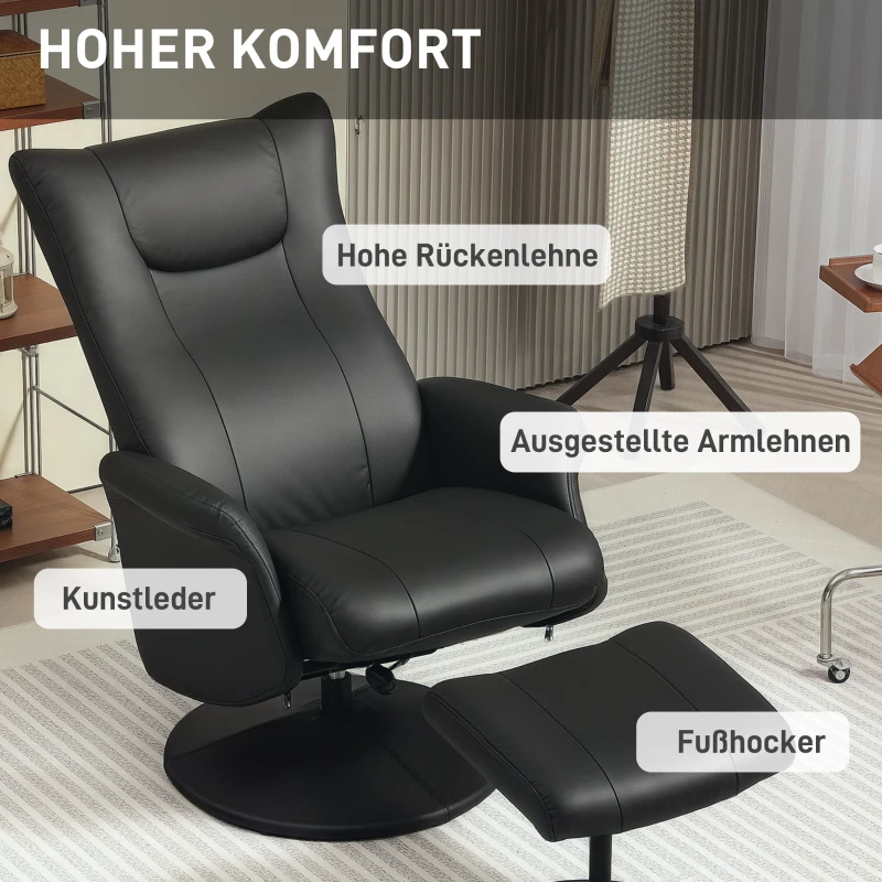 HOMCOM Chefsessel mit Hocker, Lederoptik, drehbar, verstellbare Lehne, bis 150 kg, Schwarz