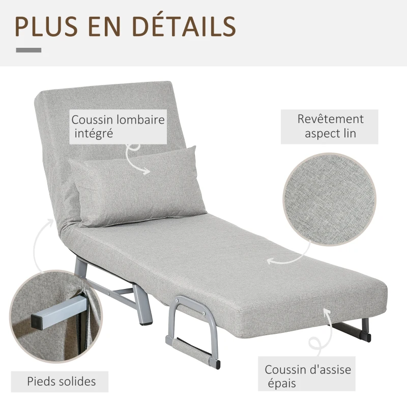 HOMCOM Fauteuil chauffeuse canapé-lit Convertible inclinable 1 Place Grand Confort Coussin lombaires accoudoirs piètement métal Lin Gris Clair