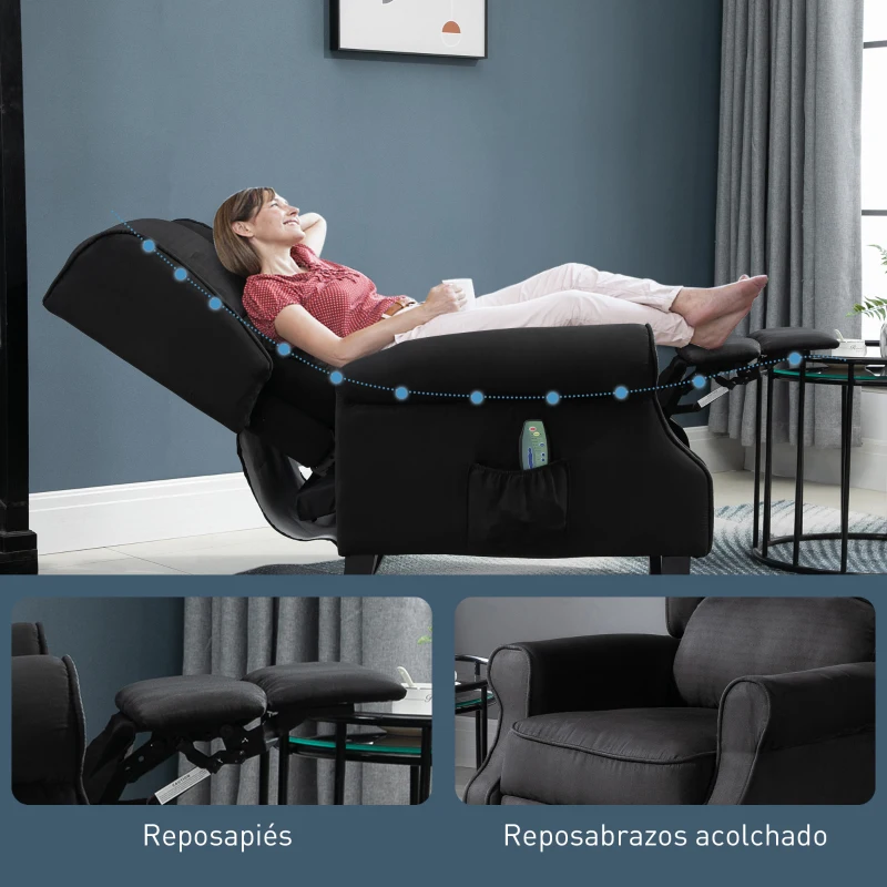 HOMCOM Sillón de Masaje Reclinable con Mando a Distancia 2 Zonas de Masaje y Tapizado en Tejido de Ante 78x83x101 cm Negro
