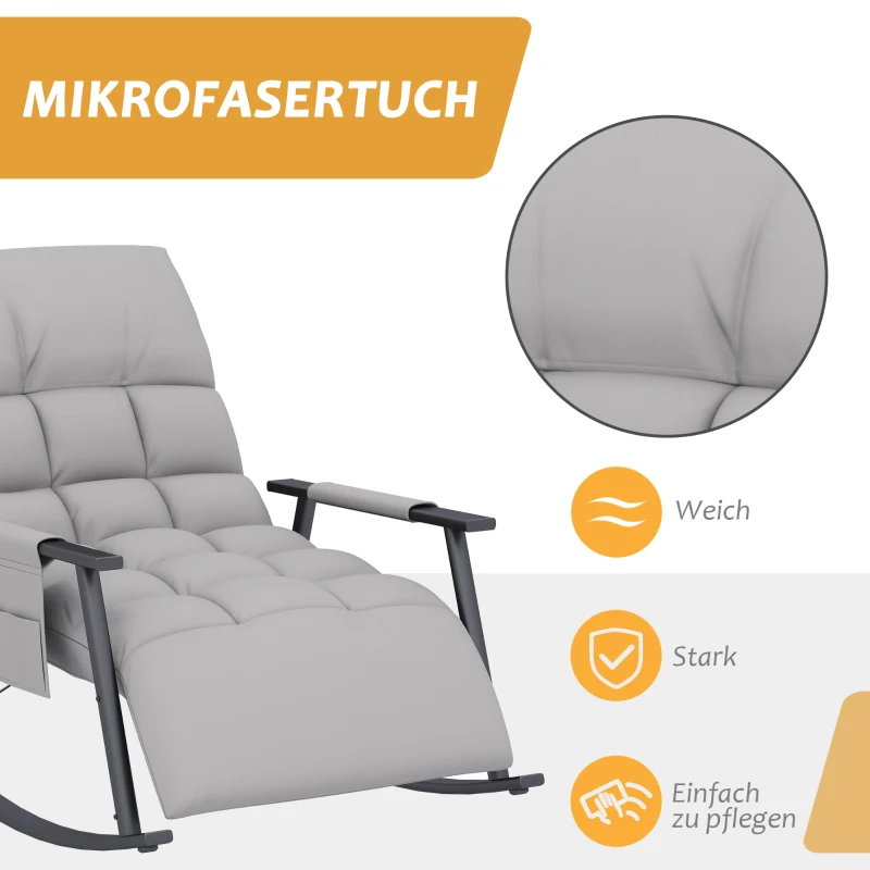 HOMCOM Schaukelstuhl, verstellbare Rückenlehne & Fußstütze, Seitentasche, Mikrofaserbezug, Metallrahmen, Grau(m-5)