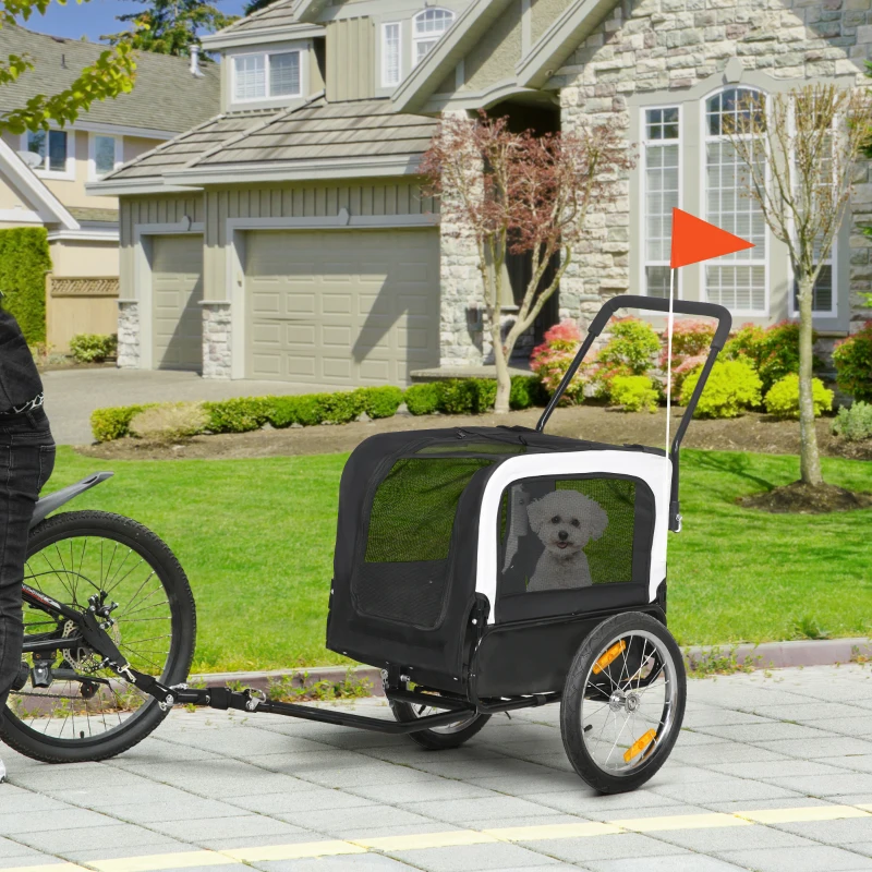 PawHut Remorque vélo jogger 2 en 1 pour animaux de compagnie drapeau roue avant pivotante réflecteurs noir