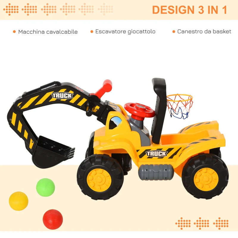 HOMCOM Escavatore Giocattolo per Bambini (max. 30 kg) con Braccio Mobile, Canestro e Palline Colorate, Giallo e Nero