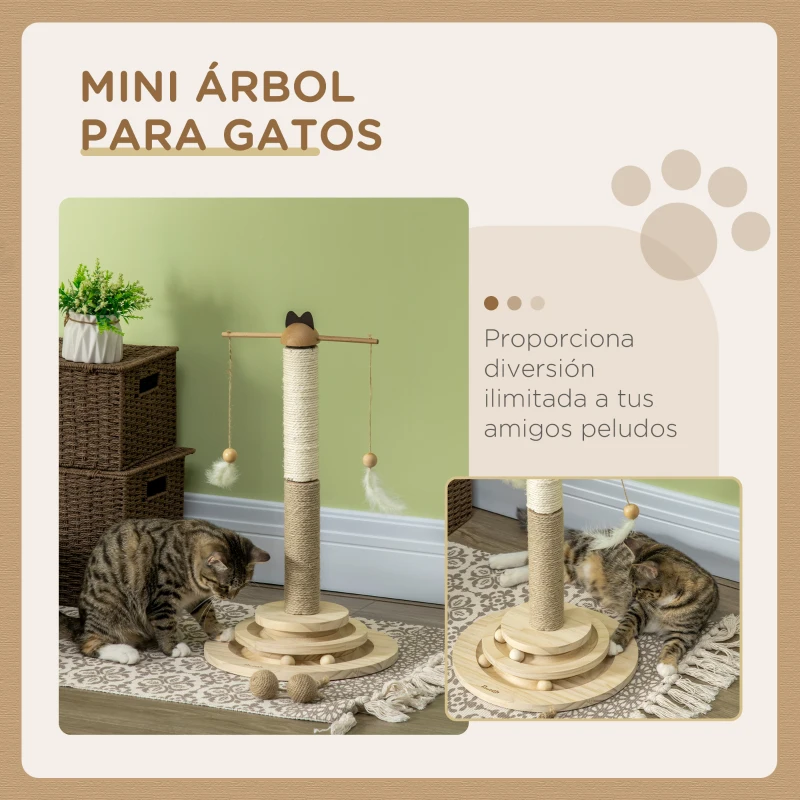 PawHut Árbol Rascador para Gatos de Madera con Poste de Yute y Sisal y Juego de Bolas para Jugar Ø32x56 cm Natural