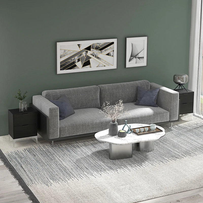 HOMCOM Set of Two Wood Effect Bedside Tables with Silver Tone Steel Base, Black