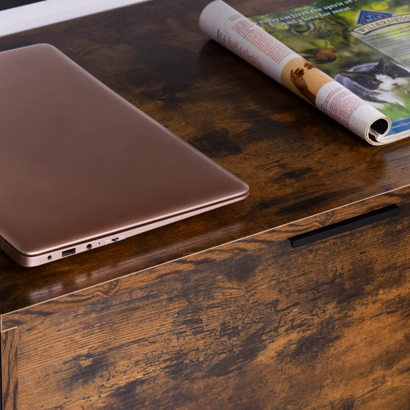 HOMCOM Mesa Consola Auxiliar de Estilo Industrial con Gran Cajón y Estante Abierto con Superficie Espaciosa Mesa Multifuncional Retro con Marco de Metal  73x45,5x76 cm Marrón Rústico