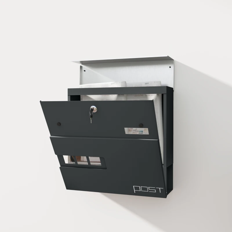 HOMCOM Locking Galvanised Steel Letterbox - Charcoal Grey/Black