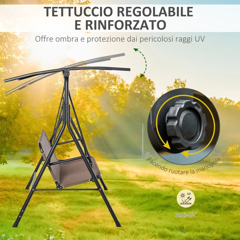 Outsunny Dondolo da Giardino Terrazza 3 Posti con Tettuccio Regolabile in Metallo e Texteline 172x110x155cm Marrone