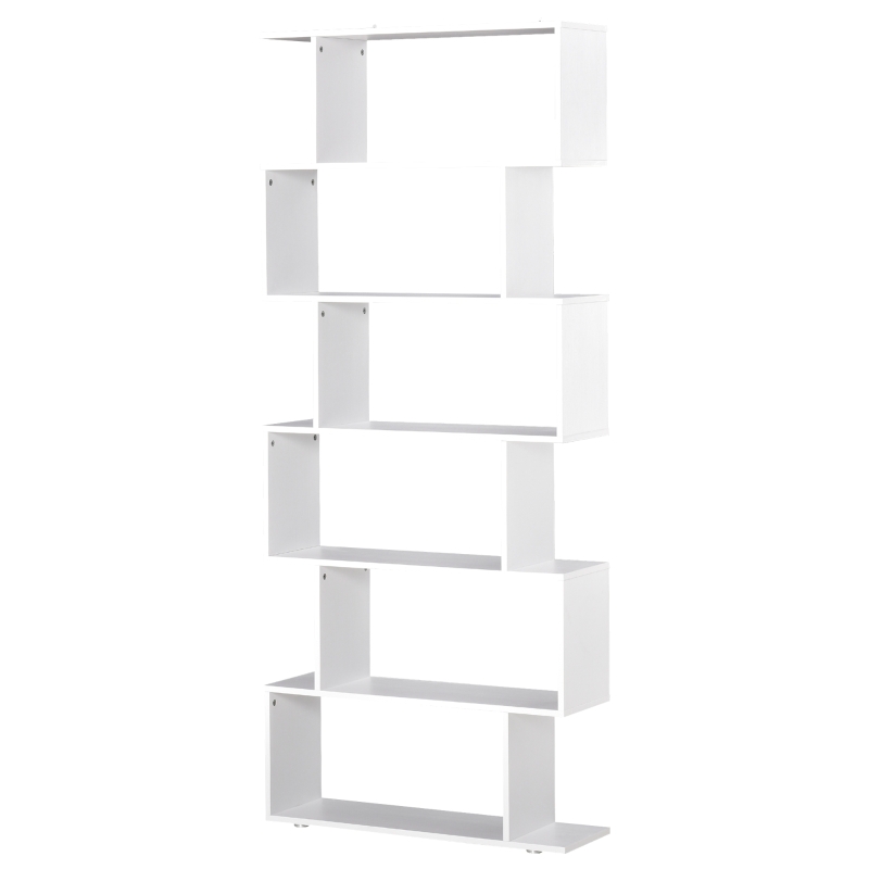 HOMCOM S Shape Wooden 6-tier Bookshelf Open Concept Bookcase Storage Display Unit for Home Office Living Room, White