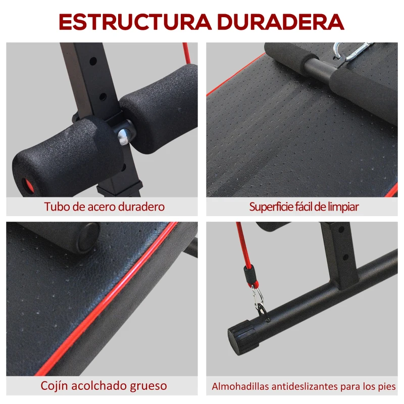 HOMCOM Banco de Abdominales Altura Ajustable Banco de Musculación Multifuncional para Fitness Entrenamiento de Espalda Abdominal Piernas Carga 120kg con 2 Cuerdas y 1 Tirador de Resorte