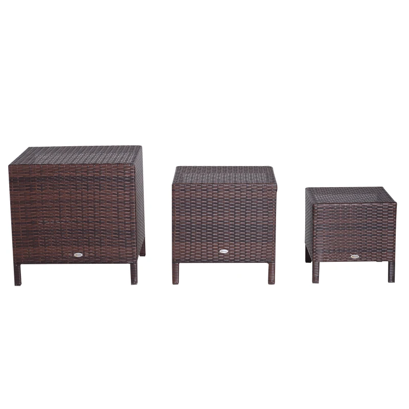 Outsunny Set 3 Tavolini da Giardino in Rattan 40x40x40cm, 50x47x50cm, 60x54x60cm Marrone