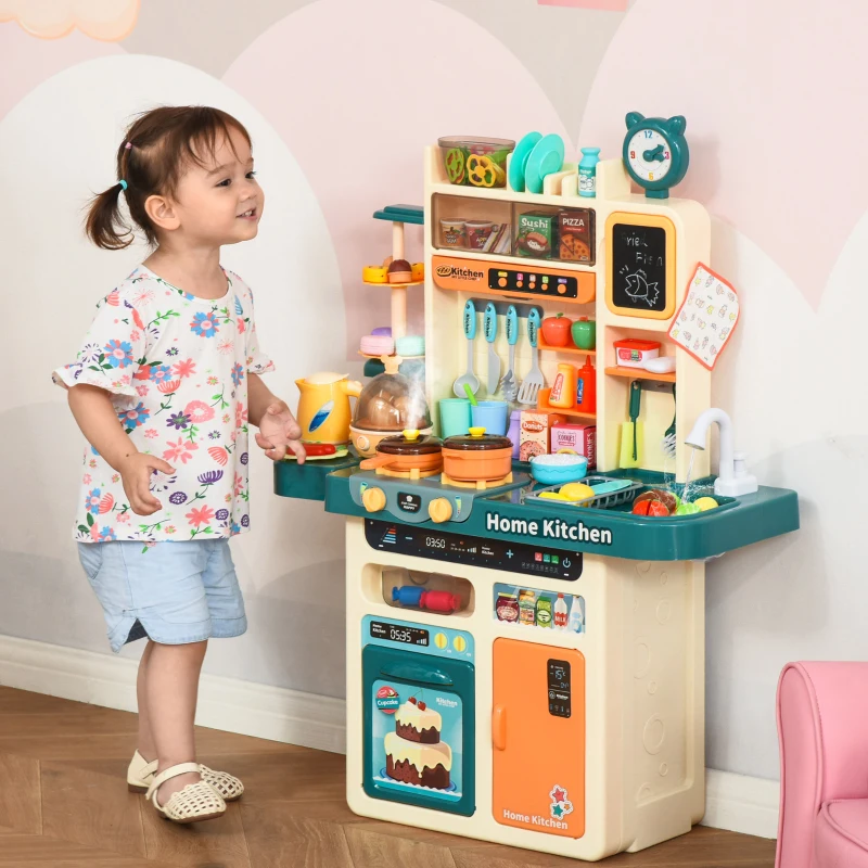 HOMCOM Cocina de Juguete para Niños de +3 Años con 113 Accesorios Luz Sonidos Agua Vapor Pizarra Fregadero Incluidos Cocinita Infantil Educativa 70x32x92,2 cm Multicolor