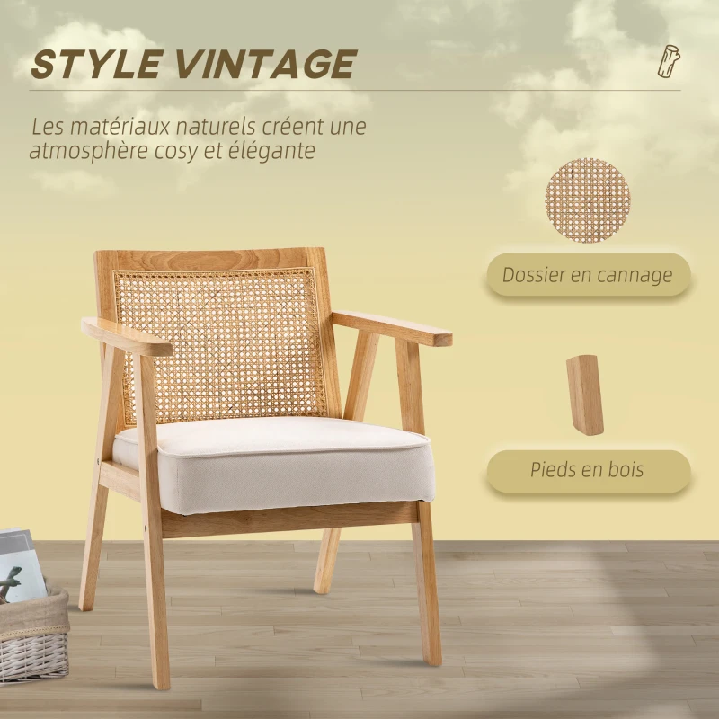 HOMCOM Fauteuil de salon confortable Chaise en Rotin avec Coussin épais- Dossier en cannage - Assise Profonde - Structure en Bois hévéa Aspect Lin Beige(m-4)