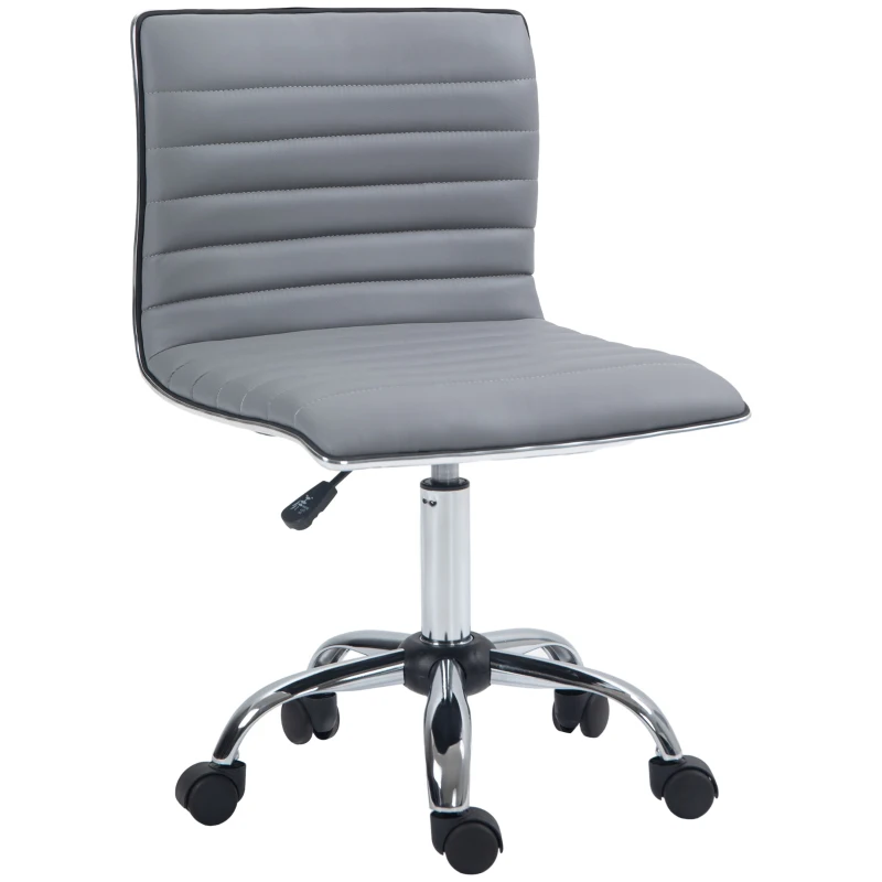 HOMCOM Armless Task Desk Chair, Swivel Office Chair with Faux Leather, Adjustable Seat Height, Chrome Base, Wheels for Home, Light Grey
