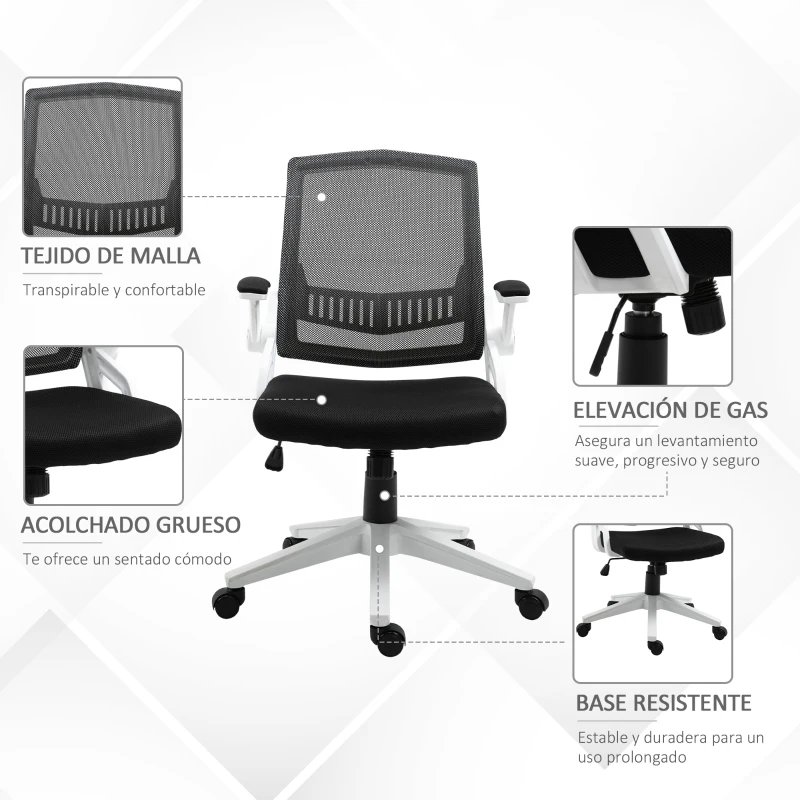 Vinsetto Silla de Oficina Ergonómica Silla de Juvenil con Altura Ajustable Reposabrazos Abatibles Soporte Lumbar y Respaldo Malla Transpirable 61x61x94-104 cm Negro