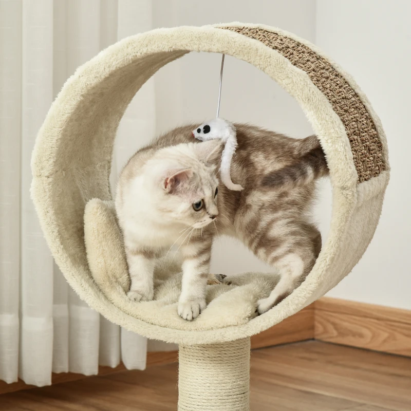 PawHut Arbre à chat en cercle avec griffoir en jute et jouet de souris coussin en peluche doux en panneaux de particules 40 x 30 x 56 cm kaki beige café