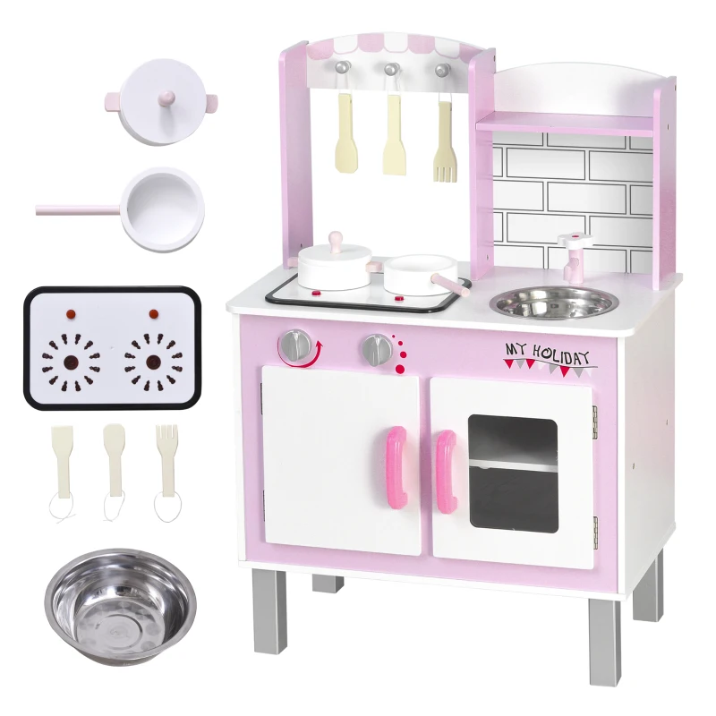 HOMCOM Cocinita de Juguete de Madera para Niños +3 Años 55x30x80 cm con Función de Sonido Armario Ganchos 5 Accesorios Incluidos Cocina Infantil Educativo Rosa