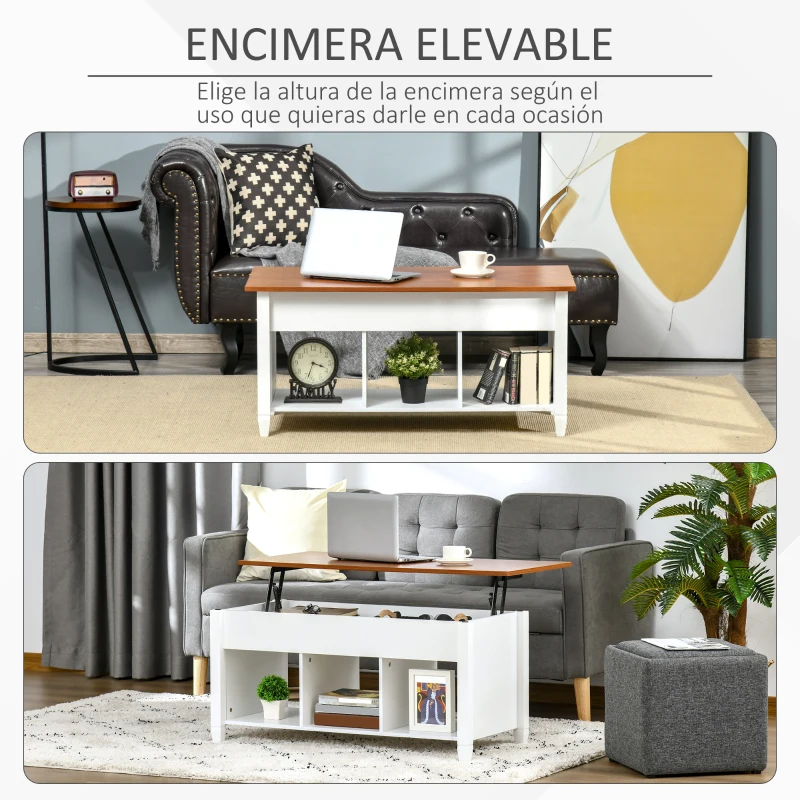 HOMCOM Mesa de Centro Elevable Mesa de Café con 3 Compartimentos Abiertos Mesa Rectangular Moderna para Salón Comedor 105x50x48-61,5 cm Blanco y Marrón
