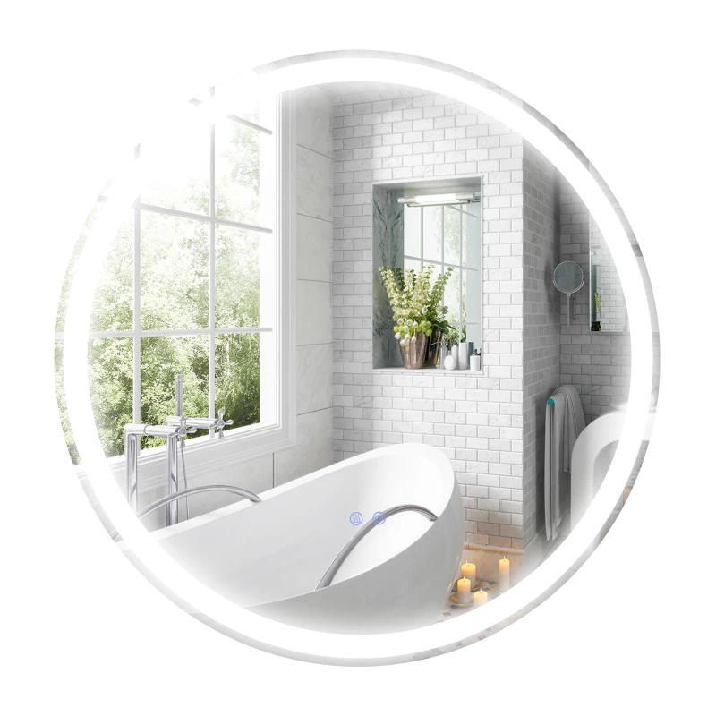 kleankin Round Bathroom Mirror with LED Lights, Wall Mount Dimmable Makeup Mirror with 3 Temperature Colours, Defogging Film and Memory Function, Frameless, Hardwired, 70 x 70 cm