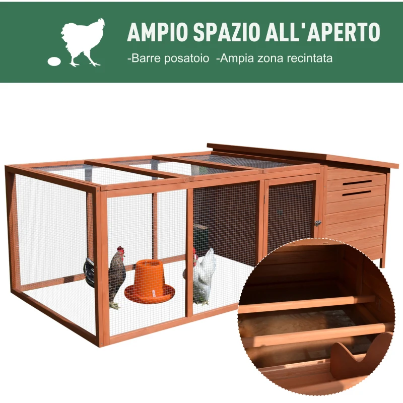 PawHut Pollaio Ovaiole in Legno, Gabbia per Galline con Ampio Spazio Esterno, Casetta con Tetto Apribile e Nido per Cova, 223.5x145x81 cm