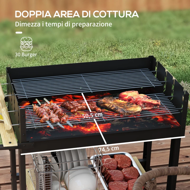 Outsunny Barbecue a Carbonella ad Altezza Regolabile con 2 Griglie e 2 Ripiani, in Metallo e Legno, 113x53.5x82.5 cm, Nera