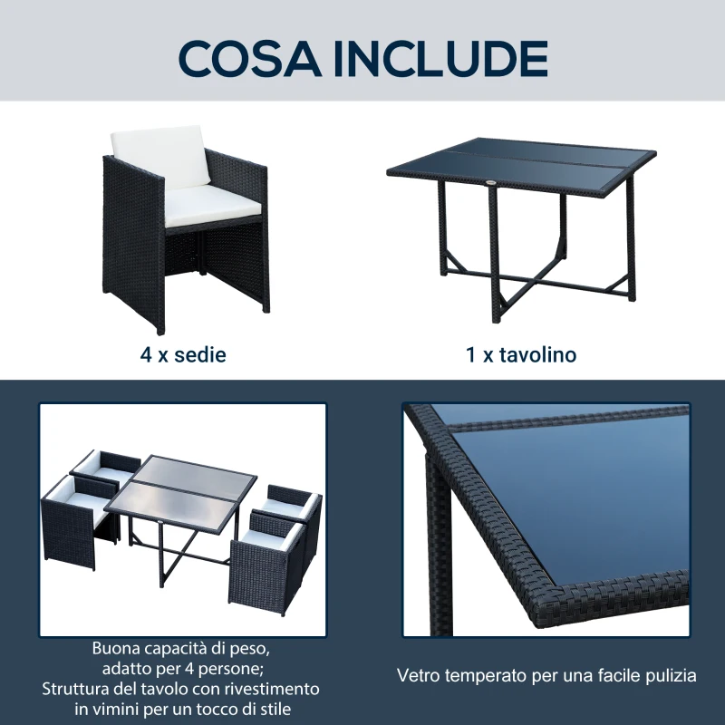 Outsunny Set Mobili da Giardino 5pz Set Tavolo da Pranzo con 4 Sedie con Cuscini Combinabili a Rettangolo, Nero, 109x109x72 cm
