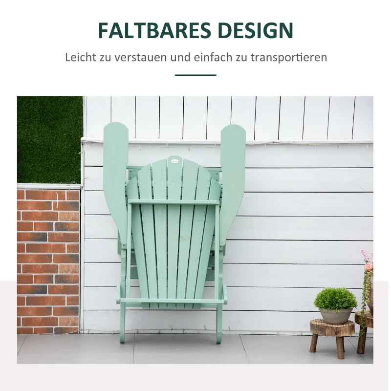 Outsunny Adirondack Stuhl Klappbar Adirondack Chair aus Holz Outdoor Gartenstuhl mit Fußstütze Hoher Rücken- und Armlehnen Balkonstuhl Gartensessel für Garten, Balkon 78 x 140 x 94cm Grün