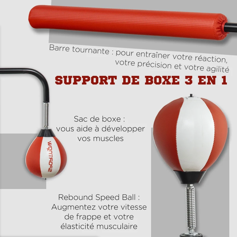SPORTNOW Sac de frappe boxe autoportant punching ball brunier 3 en 1 hauteur réglable ventouses antidérapantes amortisseurs rouge noir