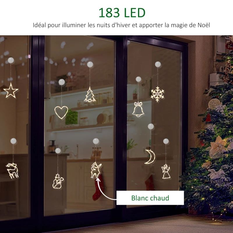 HOMCOM 18 pièces décorations de fenêtre de Noël LED guirlande lumineuse de fenêtre avec ventouses flocons de neige blanc chaud