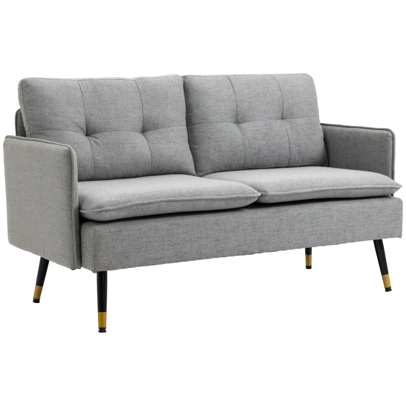 HOMCOM 2er-Sofa im Retrodesign, mit Knopfheftung, Sofa, Leinenoptik, Hellgrau + Schwarz + Gold