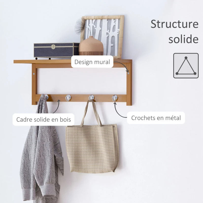 HOMCOM Porte-manteau mural penderie murale étagère 50L x 16l x 17,5H cm 4 patères kit fixation fourni bambou naturel