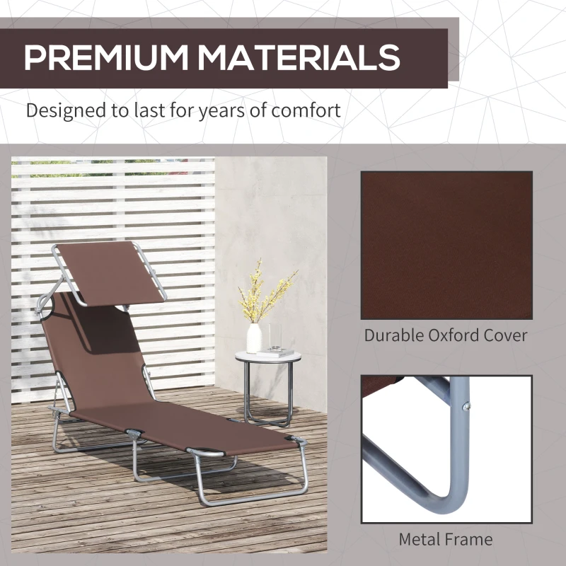 Outsunny 2 Pieces Outdoor Foldable Sun Lounger, 4 Level Adjustable Backrest Reclining Sun Lounger Chair with Angle Adjust Sun Shade Awning for Beach, Garden, Patio, Brown
