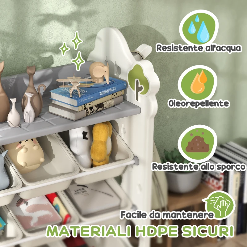 AIYAPLAY Scaffale Portagiochi a 4 Livelli con 9 Contenitori e Gancio Laterale, in HDPE, 77x42x94 cm, Bianco Crema