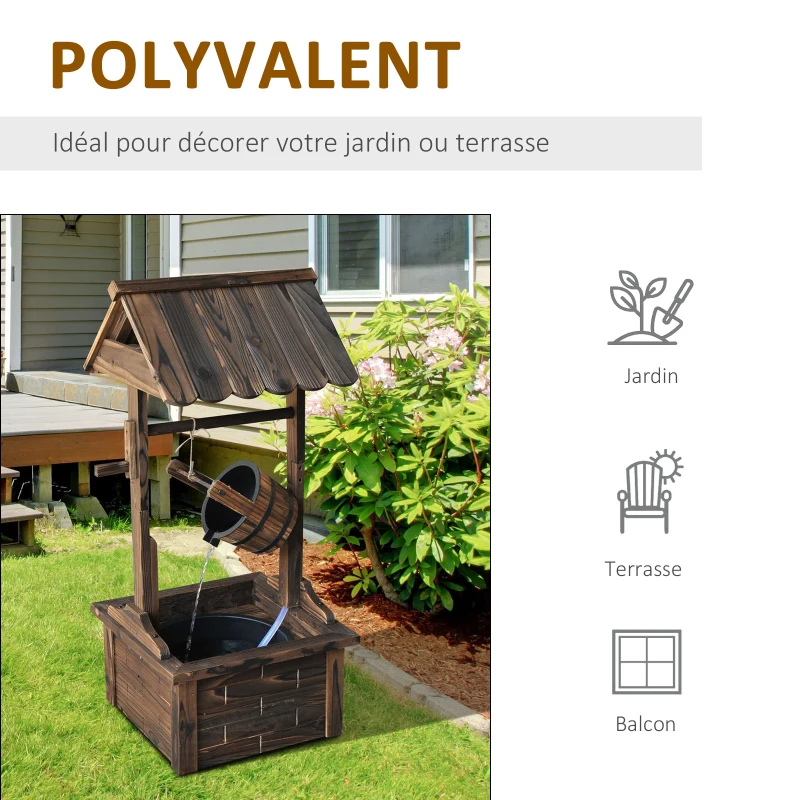 Outsunny Fontaine de Jardin d'ornement - puit de Jardin - dim. 57L x 50l x 112H cm - Pompe à Eau Submersible Incluse - Bois Sapin traité carbonisation