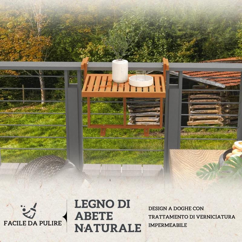 Outsunny Tavolino da Ringhiera per Balcone Pieghevole e Regolabile in Legno, Colore Teak