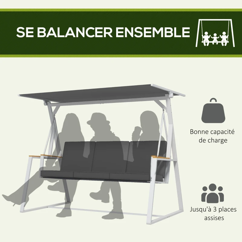 Outsunny Balancelle de jardin 3 places avec toit inclinaison réglable matelas fourni dim. 205L x 130l x 175H cm gris foncé