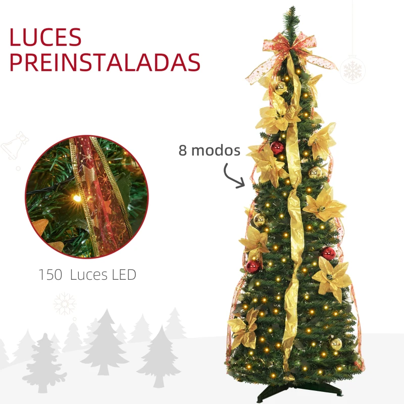 HOMCOM Árbol de Navidad Plegable con Luces LED en Blanco Cálido y Adornos Pre-instalados para Interior Ø50x150 cm Verde
