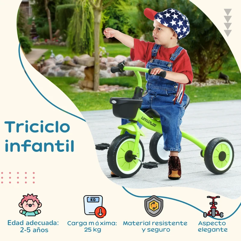 AIYAPLAY Triciclo para Niños de 2 a 5 Años con Asiento Ajustable Cesta Timbre Pedales y 3 Ruedas Carga 25 kg 70,5x53x58 cm Verde