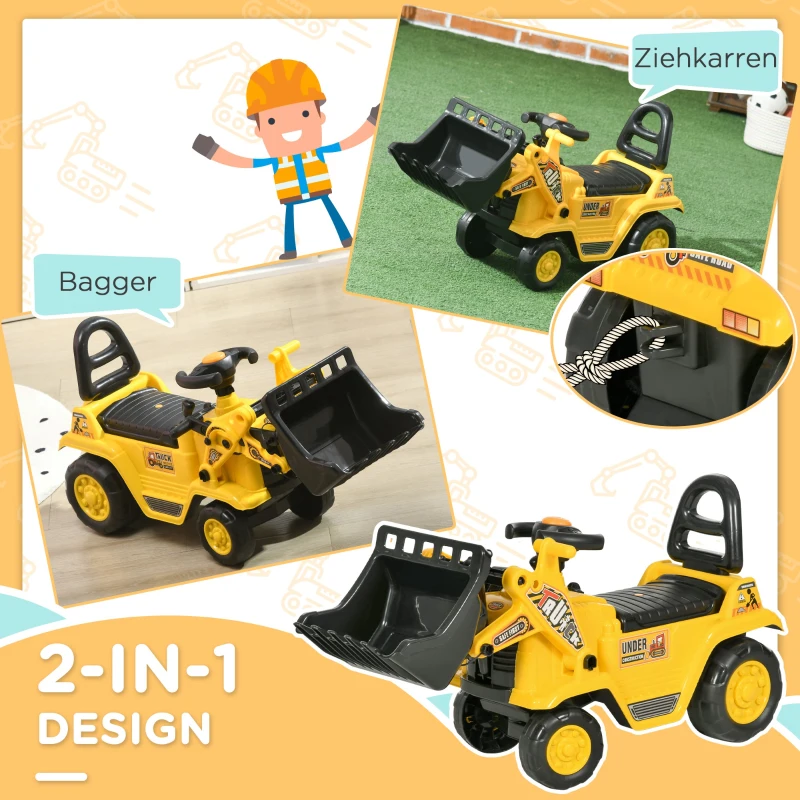 HOMCOM Sitzbagger Aufsitzbagger mit Schaufel Kinderbagger mit Stauraum unter Sitz Rutschauto Spielzeugbagger zum Sitzen bis 30kg, Draufsitzen für Kinder 1,5-4 Jahre Gelb+Schwarz