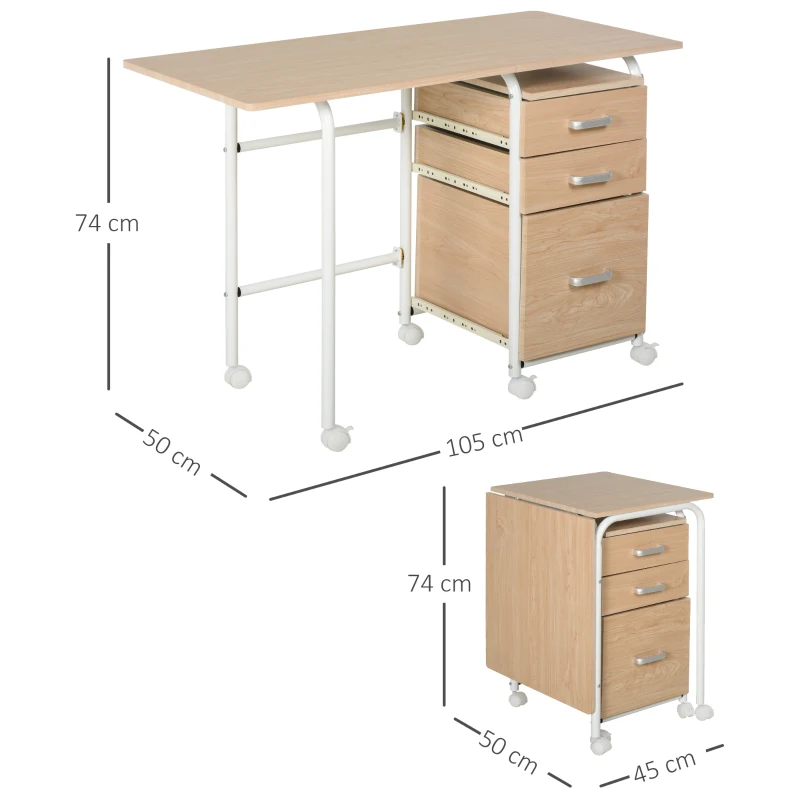 HOMCOM Mobiler Schreibtisch Aktenschrank klappbarer Computertisch Bürotisch mit Schubladen und Rollen Rollcontainer Spanplatte Metall Weiß 105 x 50 x 74 cm