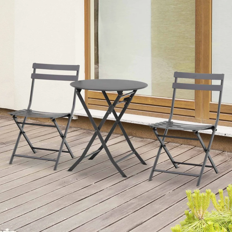 Outsunny Salon de jardin bistro pliable - table ronde Ø 60 cm avec 2 chaises pliantes - métal thermolaqué gris