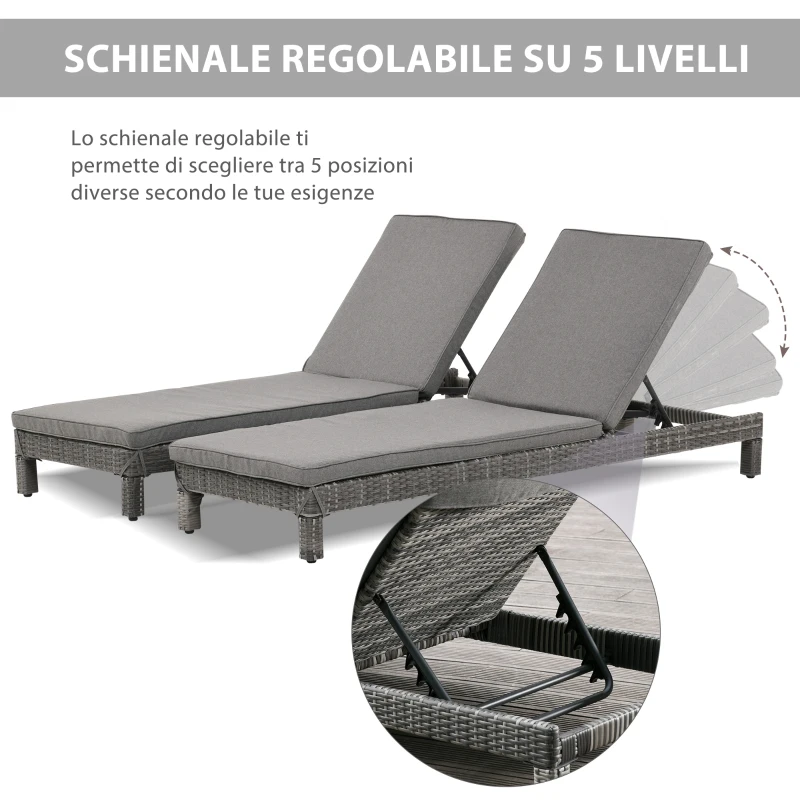 Outsunny Set 2 Sdraio da Giardino Cuscino Imbottito Regolabile su 6 Livelli in Rattan 196 x 65 x 22 cm, Grigio