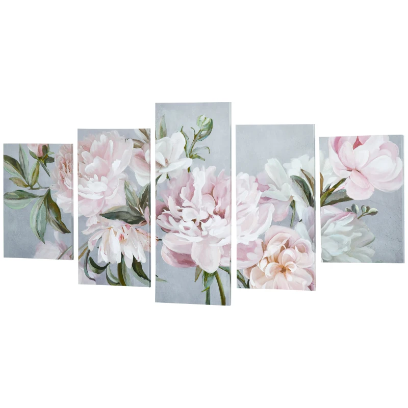 HOMCOM Stampa su Tela con Peonie, 5 Pezzi per Casa e Ufficio, Tela in Legno di Pino e Vernice ad Acqua, 200x100cm, Multicolore