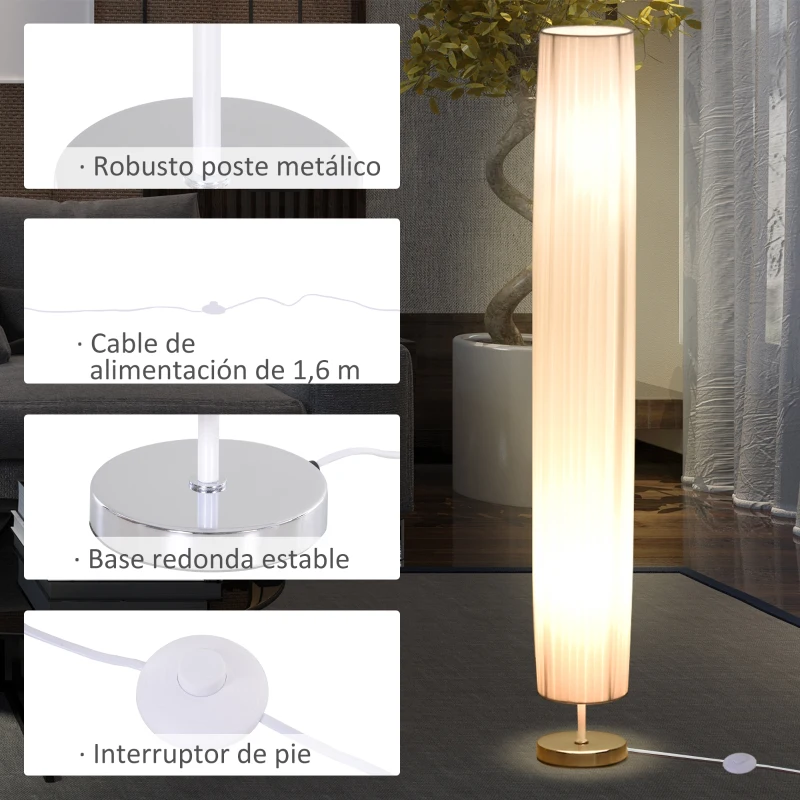 HOMCOM Lámpara de Pie Moderna para Dormitorio Comedor Salón (2 E27 Bombilla) Interruptor de y Bajo Consumo con Base de Acero Inoxidable 120 cm Blanco